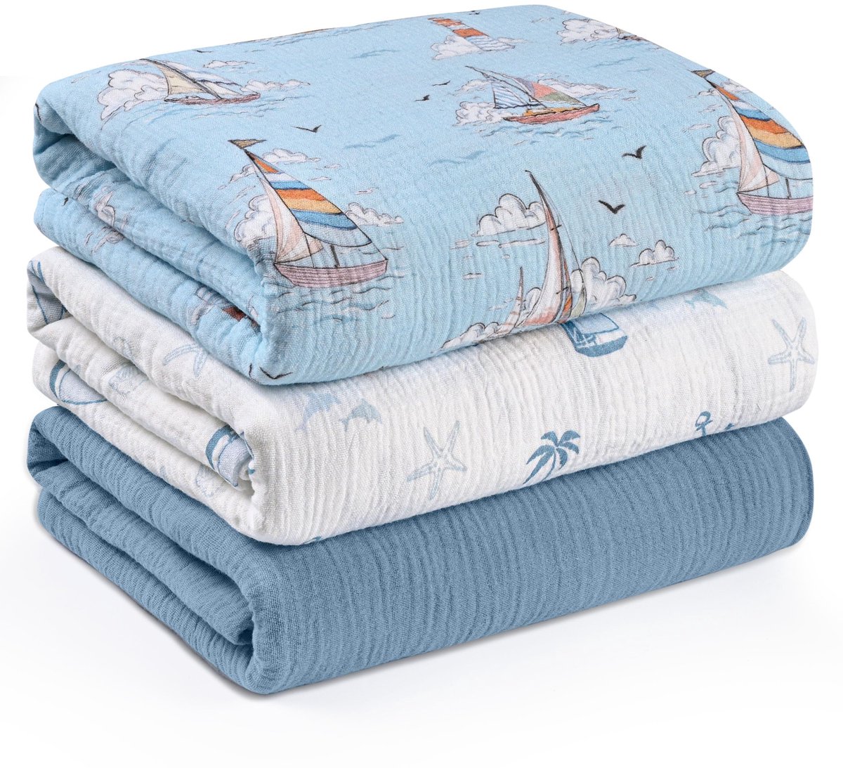 SnelShoppen - Soarwg Kids Moltondoeken set van 3, 95 x 100 cm, zachte wikkeldoeken voor pasgeborenen met zeevaart-patroon, ideaal voor baby, kinderbed