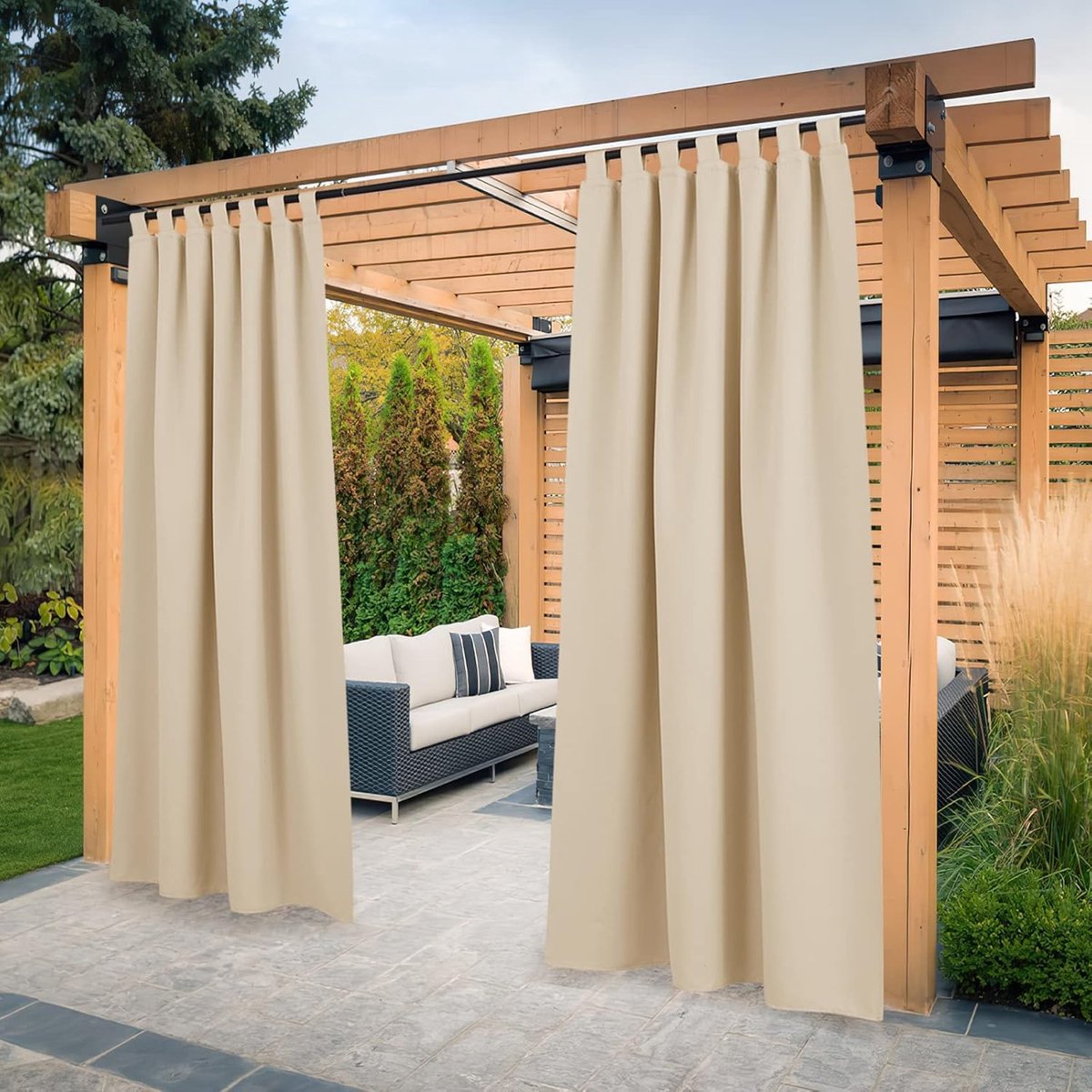 Omgoods- Buitengordijnen Waterdicht - Verduisterend - Lichtwerend - Verstelbaar - Klittenband - 132B x 274H cm (2 Panelen) - Tuingordijnen