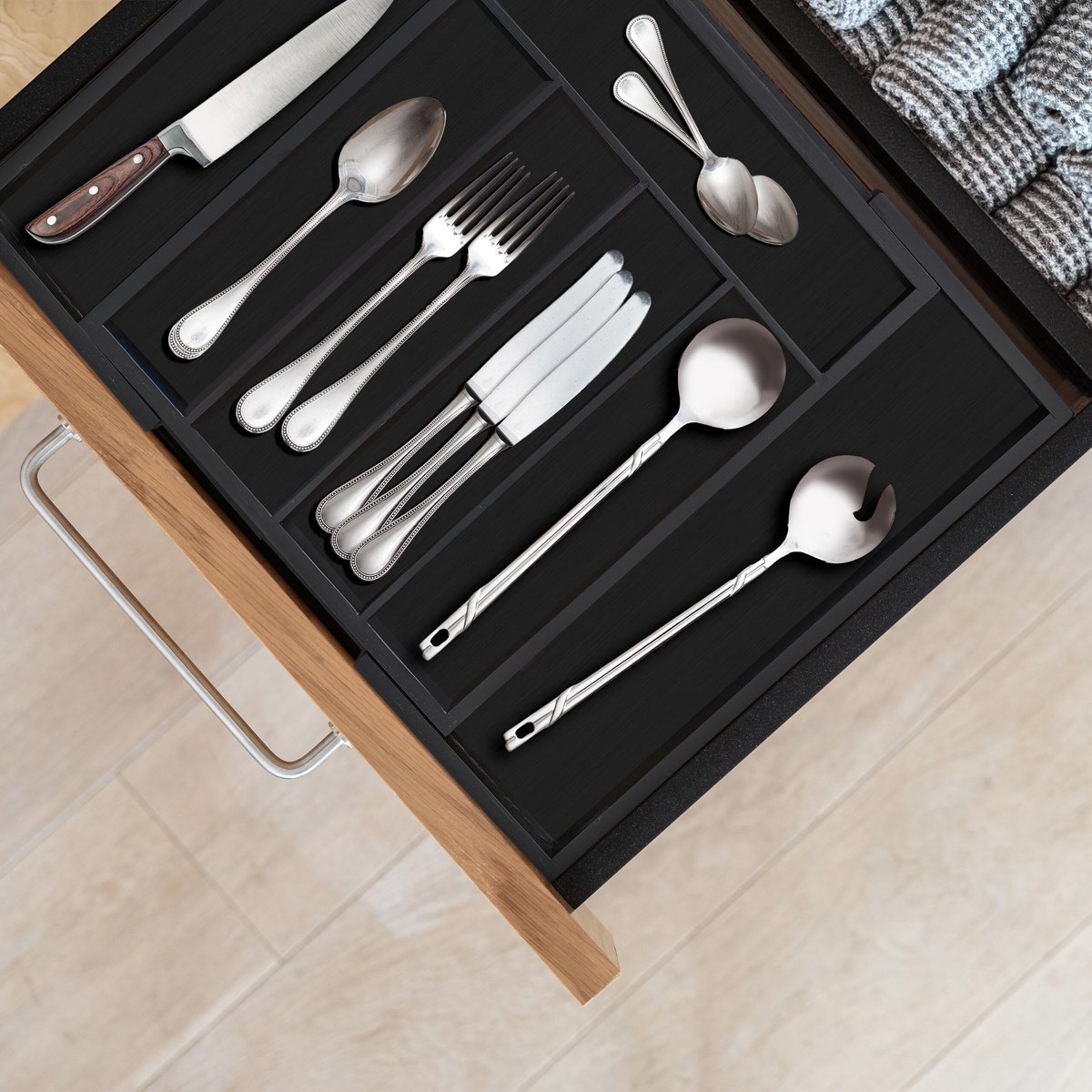 Omgoods - Bamboo Besteklade Uittrekbaar met 7 Compartimenten 5.5 x 31.5-48.5 x 37 cm