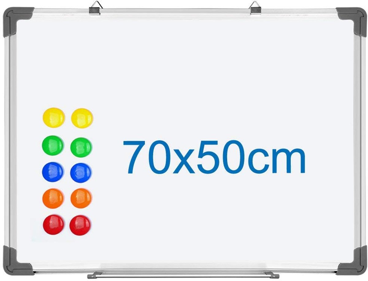 Omgoods - 70x50cm Dubbelzijdig Droog Wisbaar Whiteboard met Aluminium Rand + 12 Magnetische Kralen
