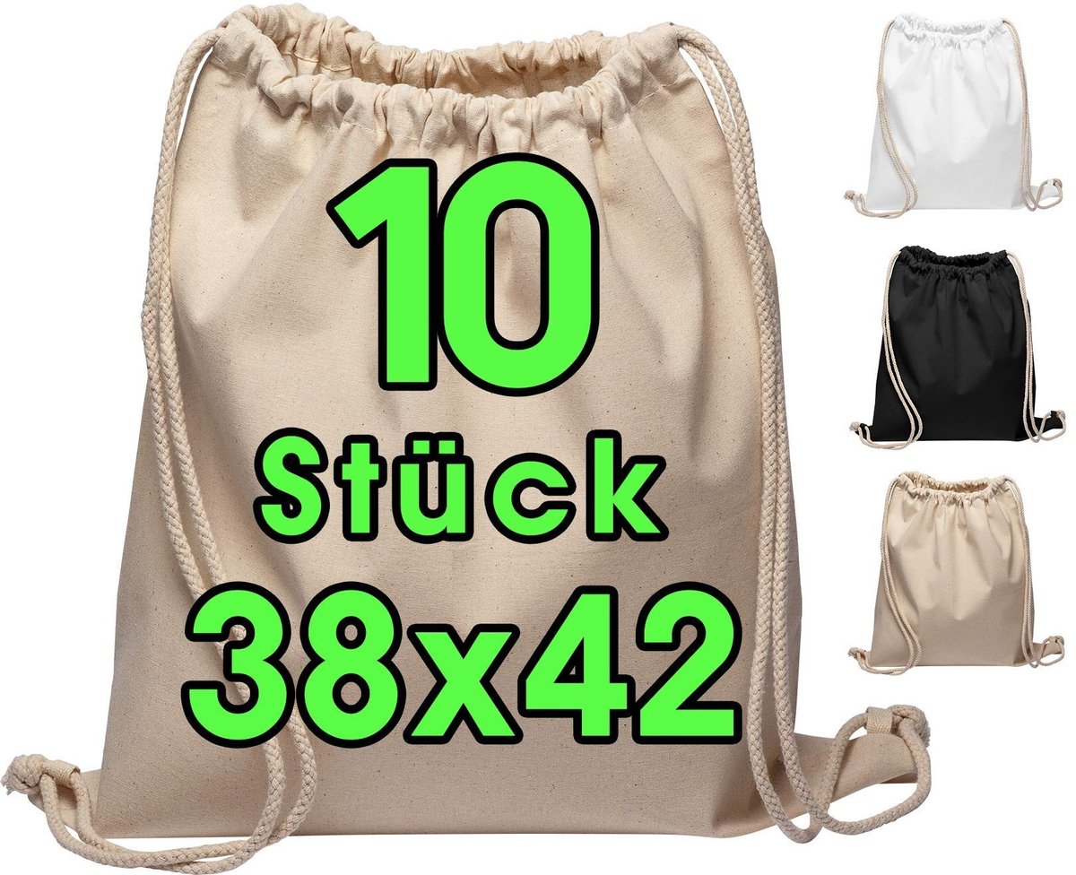 Omgoods- Katoenen Tas 10 Stuks 38x42cm - Sporttas - Gymtas - Jute Tas - OEKO-TEX® Gecertificeerd - Duurzaam Katoen 140 g/m²
