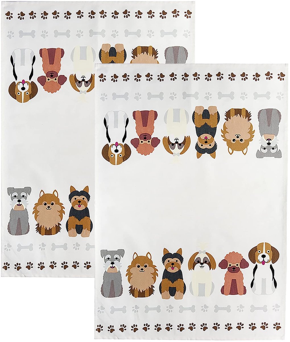 Omgoods - Set van 2 Theedoeken met Blije Honden Print van 100% Katoen