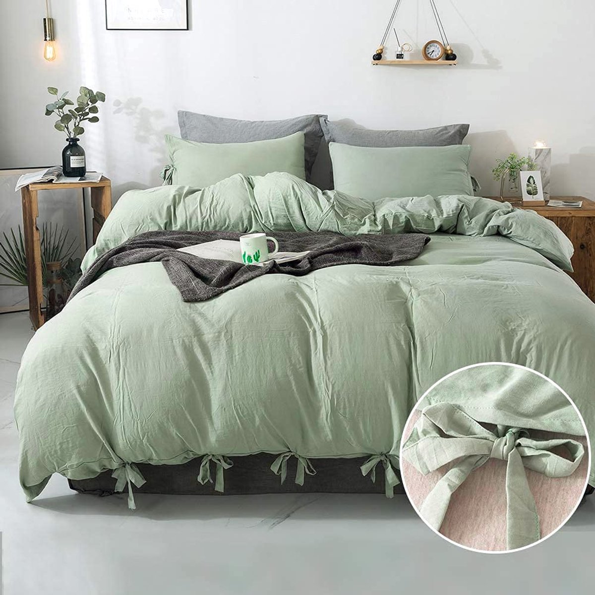 Omgoods - Queen Size Duvet Cover Set Sage Groen, 3-delig Microfiber Dekbedovertrek met Strik