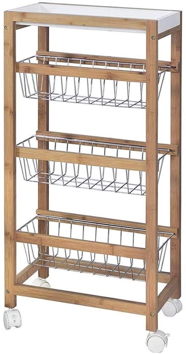 Omgoods - Bamboe Keuken Trolley met 3 Mandjes en Draaiwielen