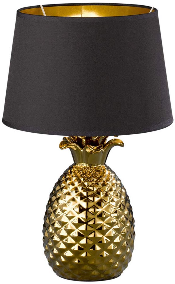Omgoods - Tafel Lamp met Keramische Basis en Zwarte/Gouden Stoffen Shade