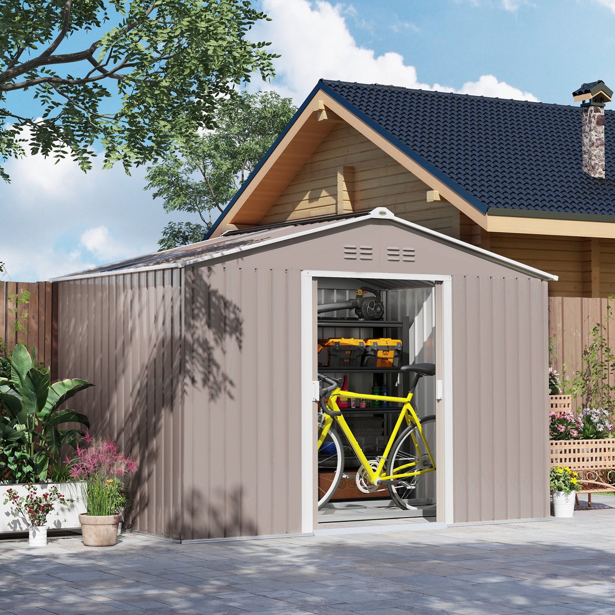 REDOM - Tuinschuur - Afsluitbare schuifdeuren - Zadeldak met ventilatieopeningen - Geschikt voor tuinmateriaal en fietsen - Staal - Lichtgrijs - 277 x 195 x 192 cm
