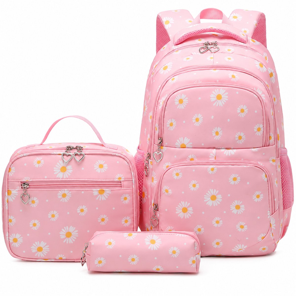 Schoolrugzak Set 3-delig - Roze Madeliefjes Rugzak - Lunchtas en Etui - Waterbestendig - Lichtgewicht - 14 Inch Laptopvak - Voor Kinderen en Tieners