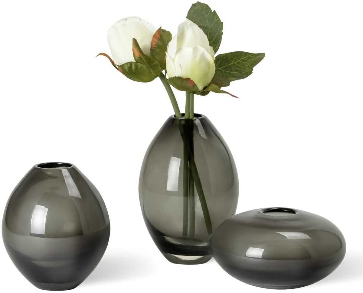 Omgoods - Set van 3 Handgemaakte Glas Vazen in Rookkleur
