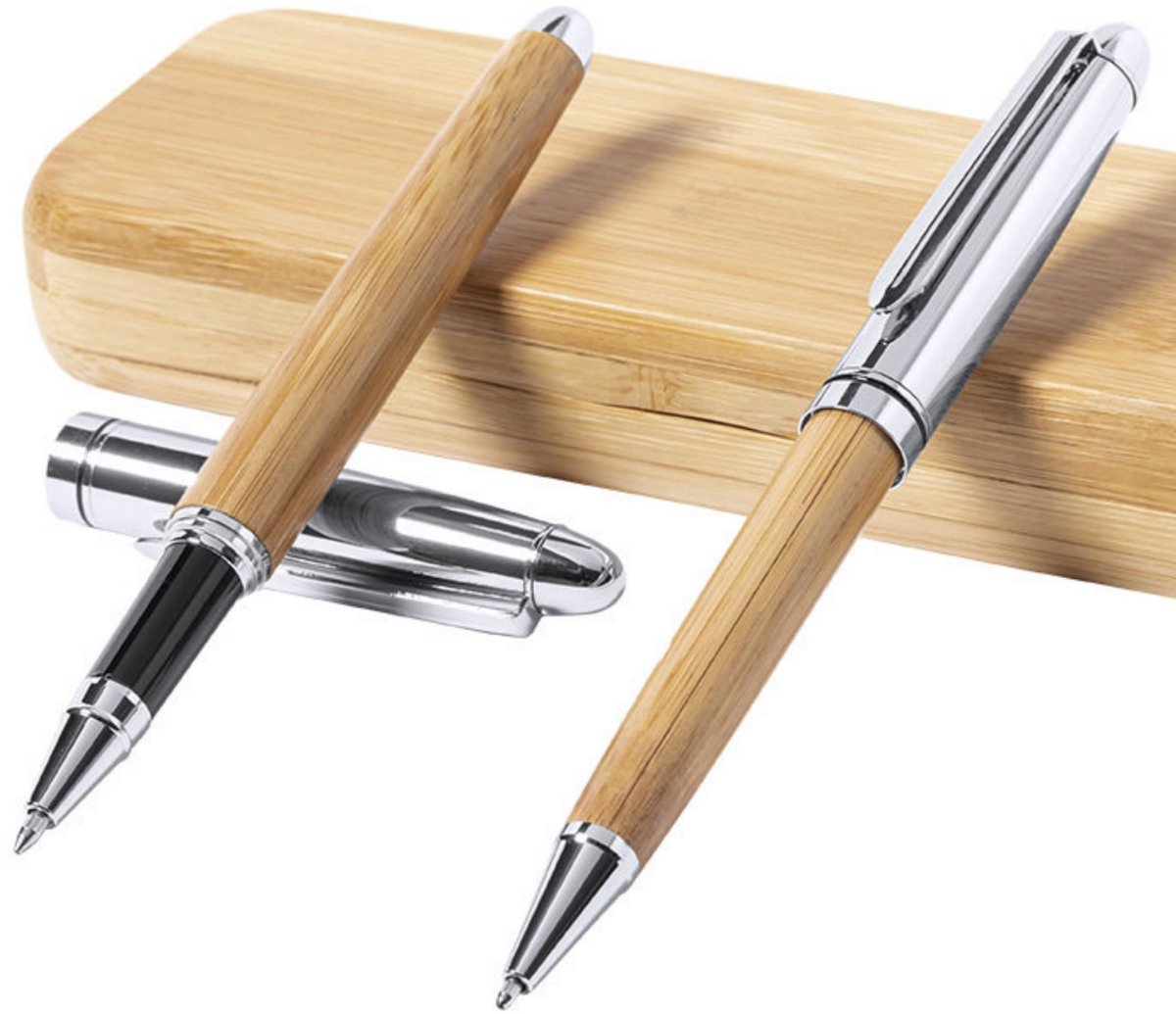 Omgoods - Bambus Schrijvenset met Balpen en Rollerball in Luxe Geschenkdoos