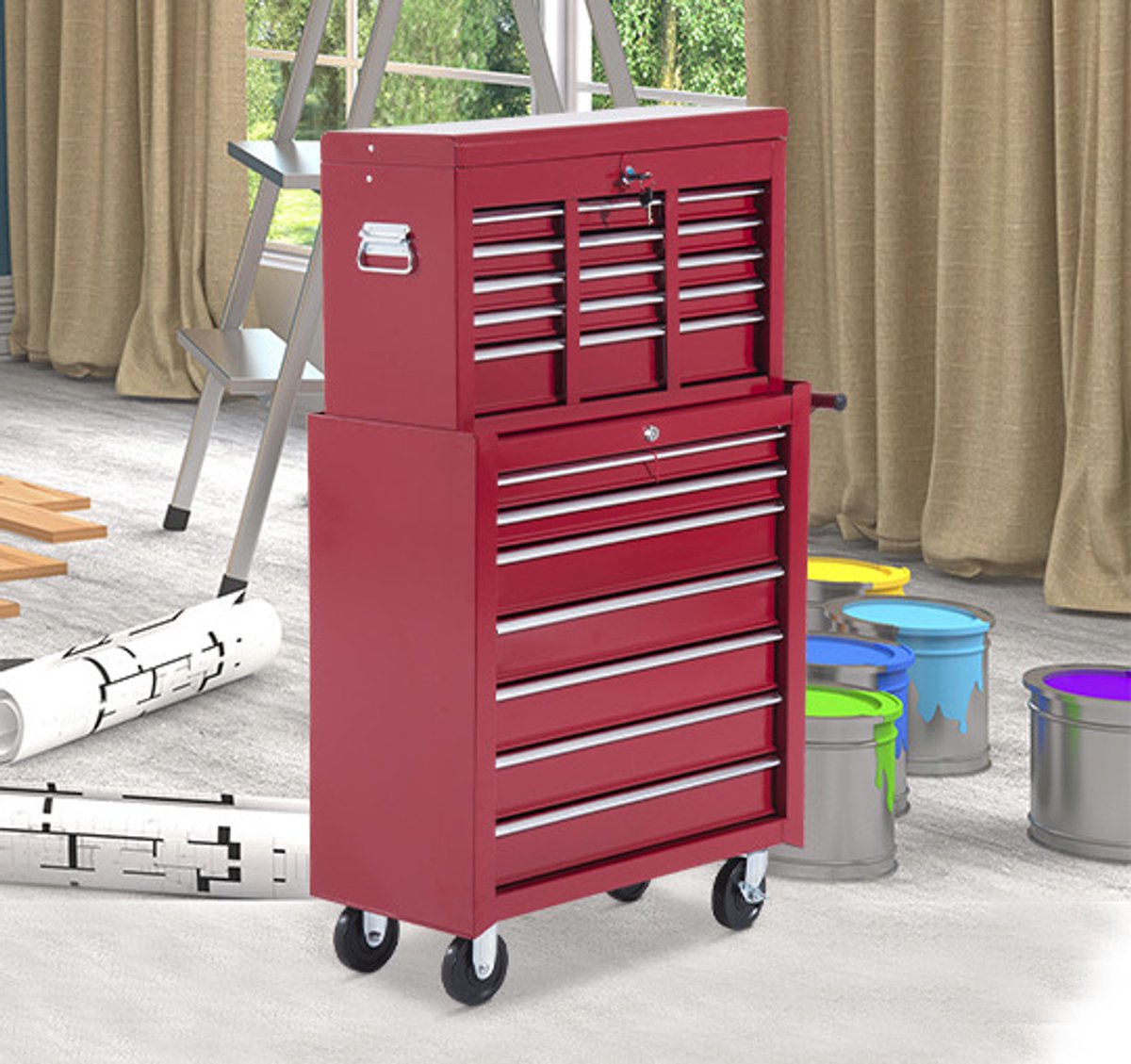 REDOM - Gereedschapskar - 16 lades met geleiders - Afsluitbaar met 2 sleutels - Met 4 wielen - Werkplaats en garage - Staal - Rood - 61,5 x 33 x 113 cm