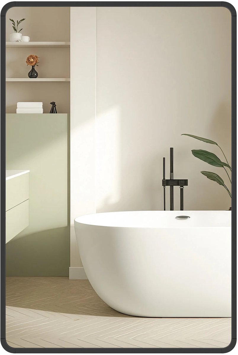 Archi Badkamerspiegel 91 × 61 cm – Wandspiegel – Rechthoekig – Aluminium Frame – Gehard Veiligheidsglas – Horizontaal & Verticaal – Zwart