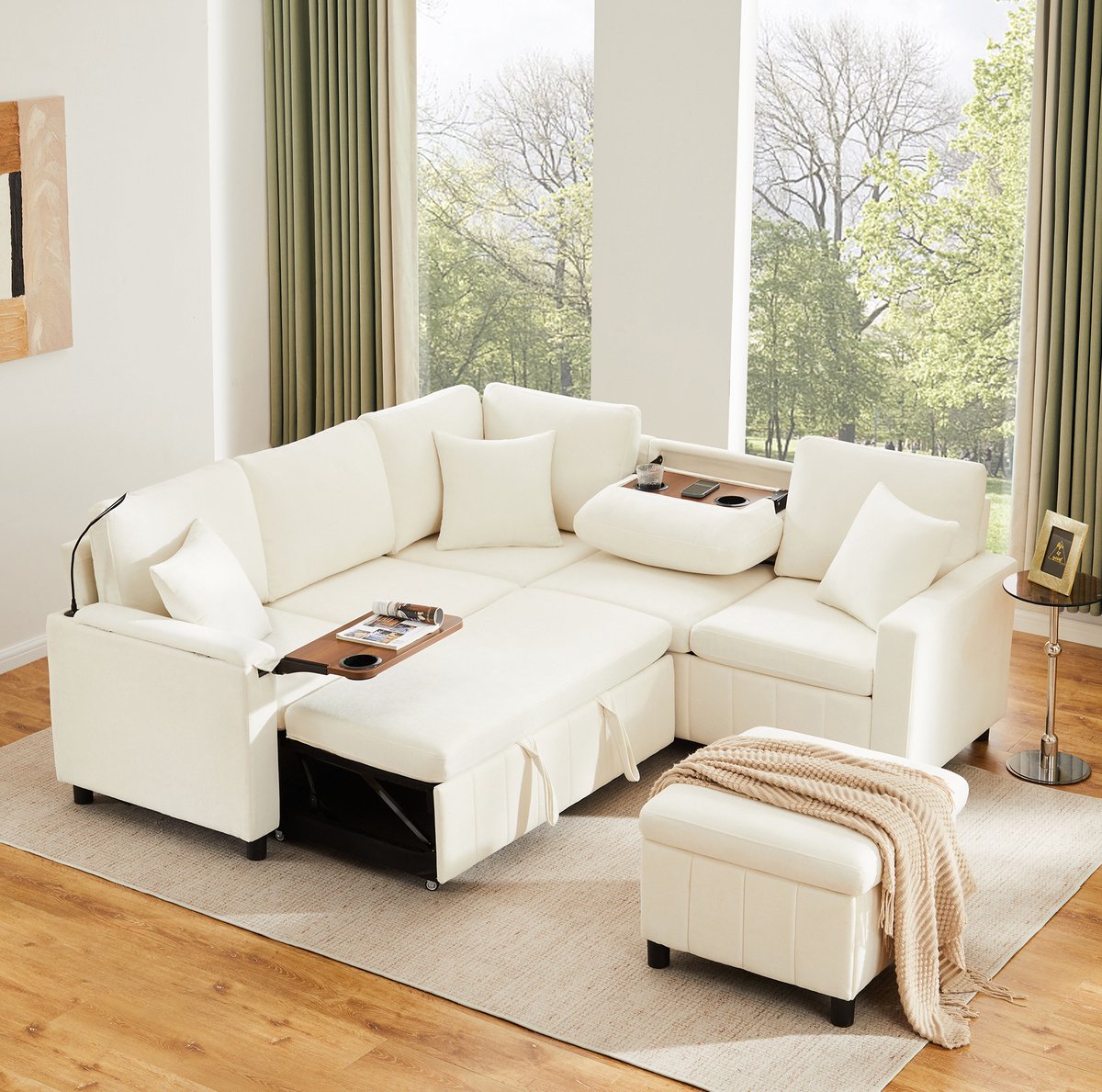 MODENUIT Hoekbank 205 x 205 x 85 cm - Met Slaapfunctie, USB, Type-C En Hocker - Woonkamer - Chenille Beige
