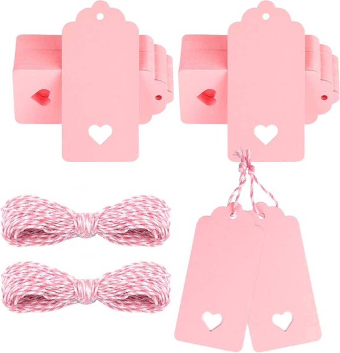 Roze Cadeaulabels met Hart, 100 Stuks Lege Papieren Labels met Touw, 4.5cm x 9.5cm Grote Cadeaulabels voor Bruiloften en Geschenken, 300gsm Kwaliteit