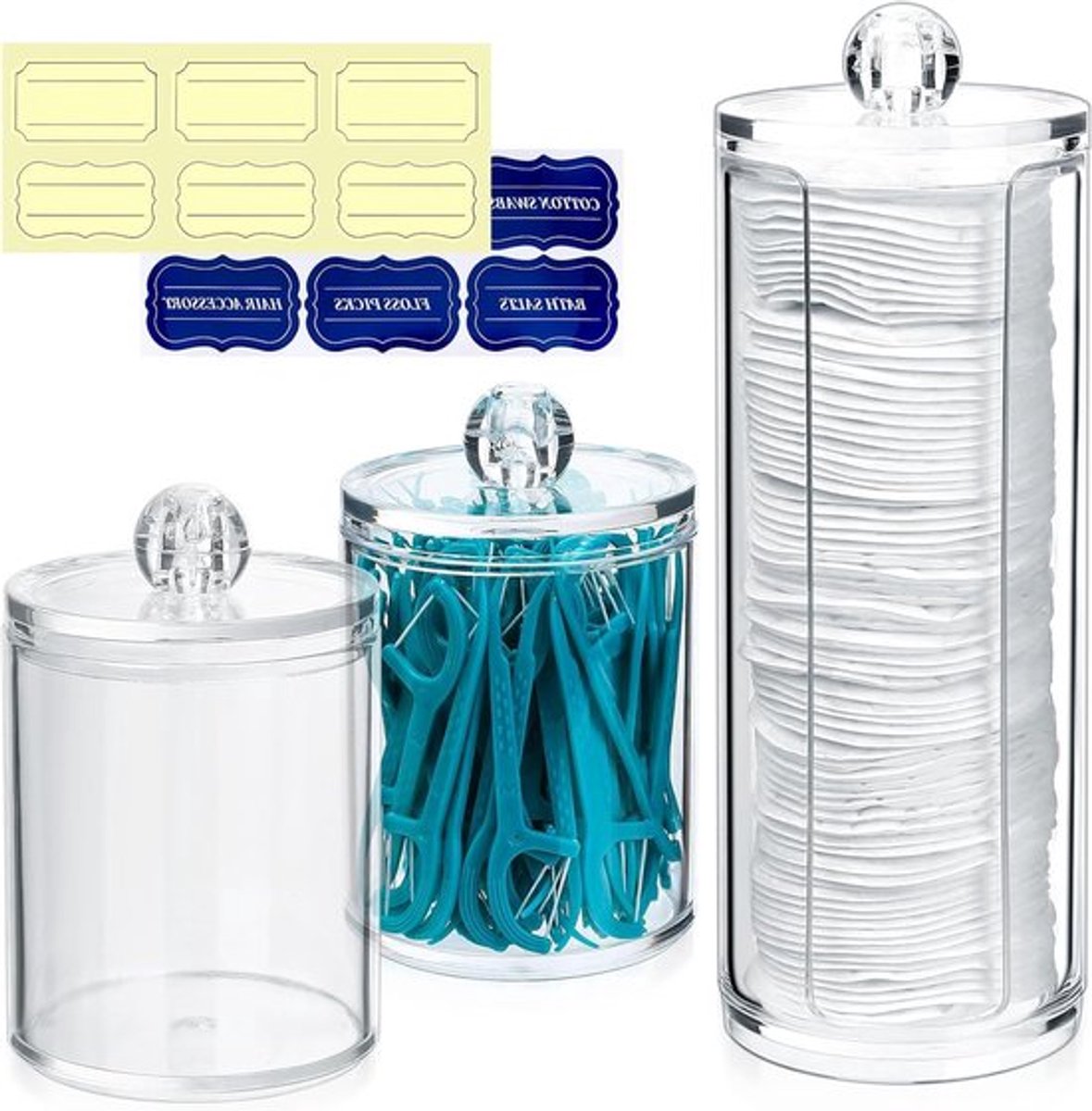 Set van 3 transparante opbergdozen voor wattenstaafjes en cosmetica