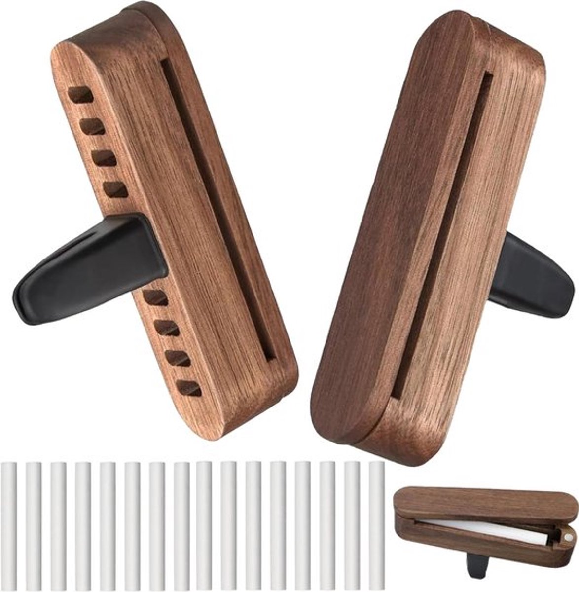 Houten Essentiële Olie Diffuser voor Auto - 2 Stuks met 16 Navullingen voor een Frisse Auto Interieur Geur