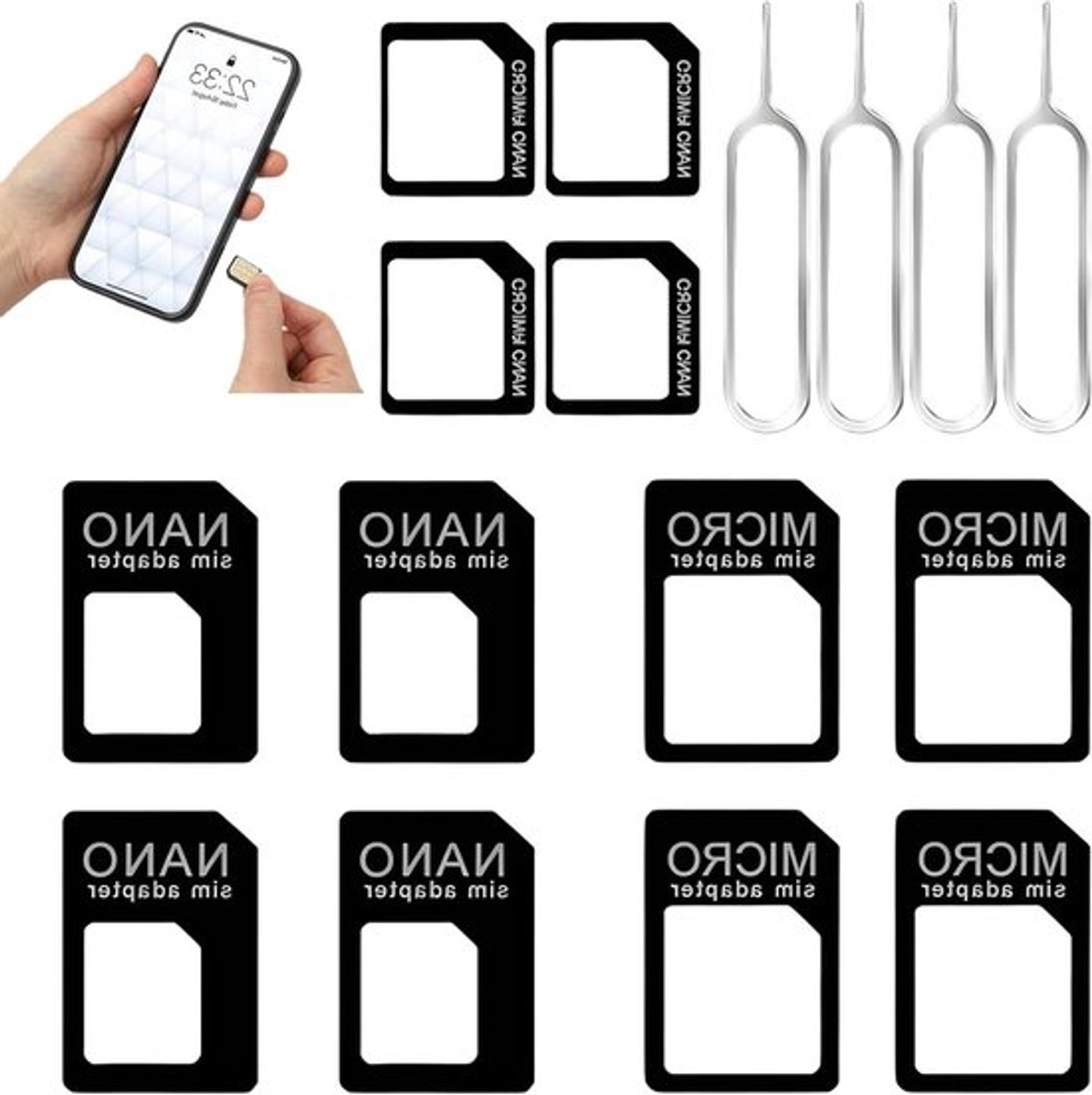 4-in-1 Nano SIM Adapter met SIM Eject Pin - Geschikt voor Smartphones, Tablets en Meer, Perfect voor Reisgebruik