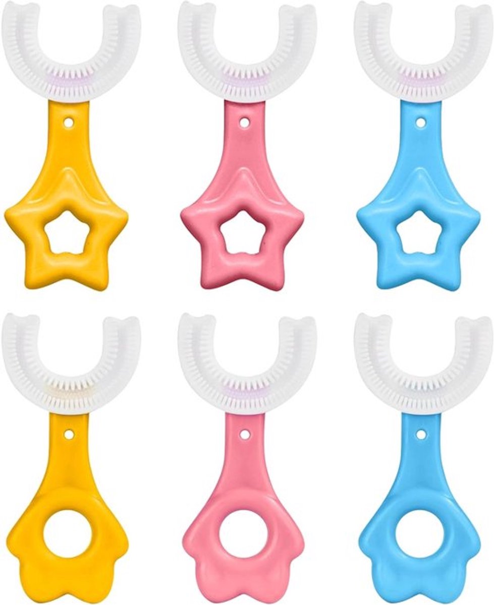 U-vormige tandenborstels voor kinderen, 6-delige set met handvat en siliconen borstels, geschikt voor 6-12 jaar, kindertandenpoetsen, mondhygiëne, zachte borstelharen
