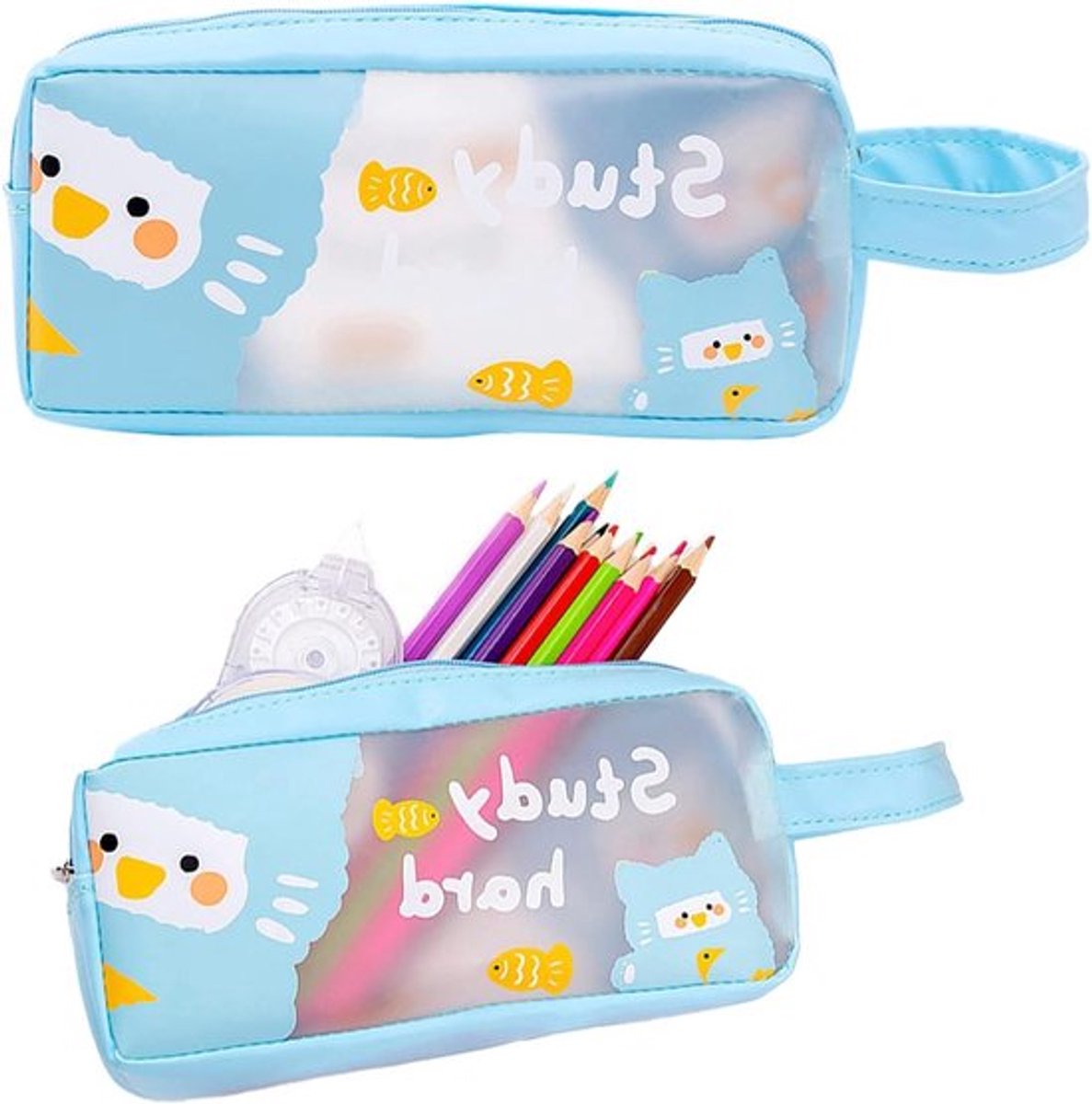 Transparante Pennenhouder met Ritssluiting, Schattige Reistassen voor Make-up, School en Kantoor, Blauw, Organizer voor Stationery en Accessoires