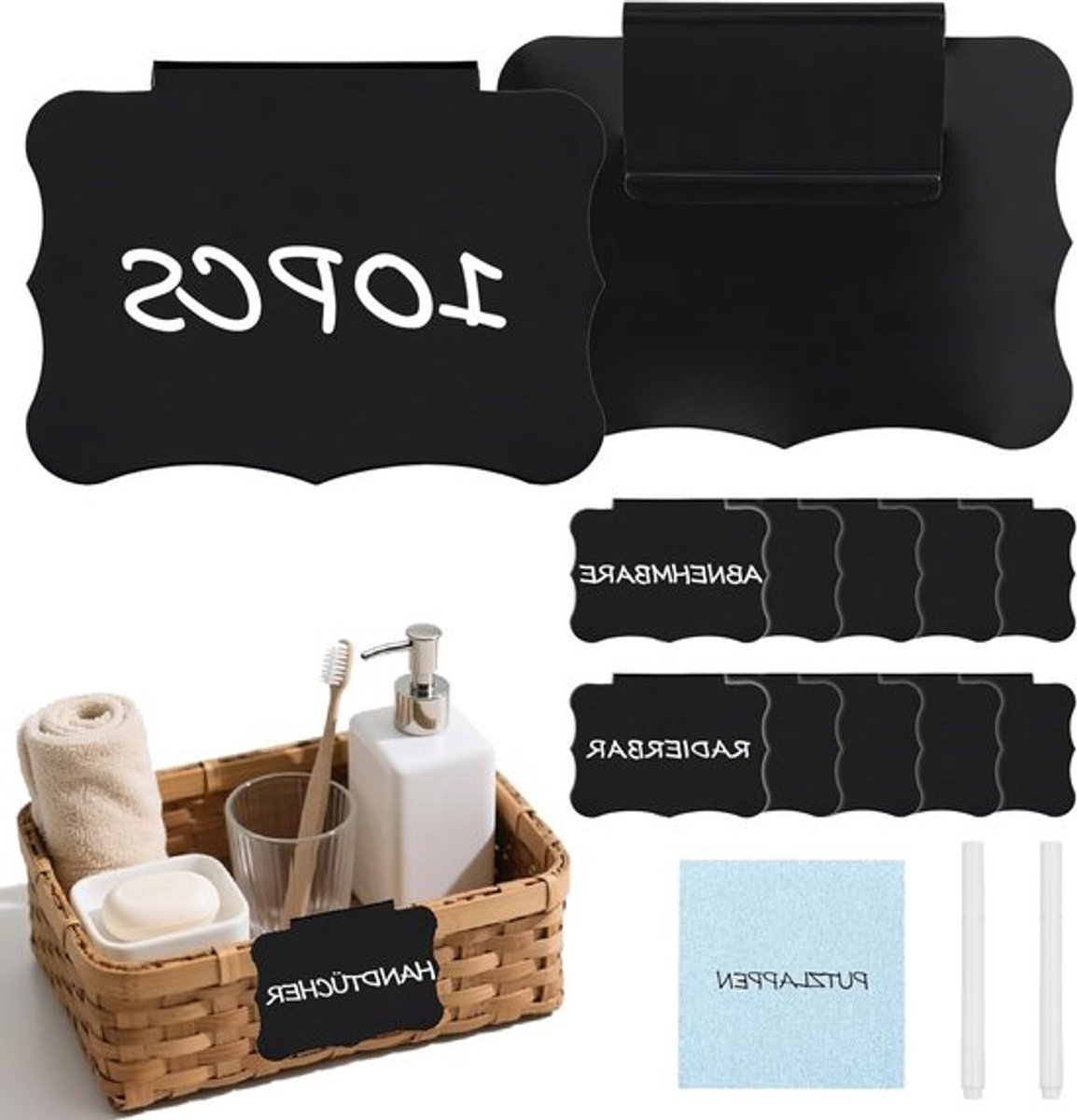 Set van 10 zwarte labelhouders met 2 herschrijfbare whiteboardstiften en 1 schoonmaakdoek - perfect voor opslag, kantoor en organisatie
