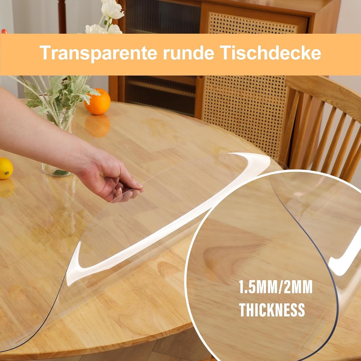 SnelShoppen - Ronde PVC-tafeldoeken 1,5 mm dik, diameter 120 cm, transparant waterdicht tafelkleed, onderlegger voor bureau en tafelbescherming voor f