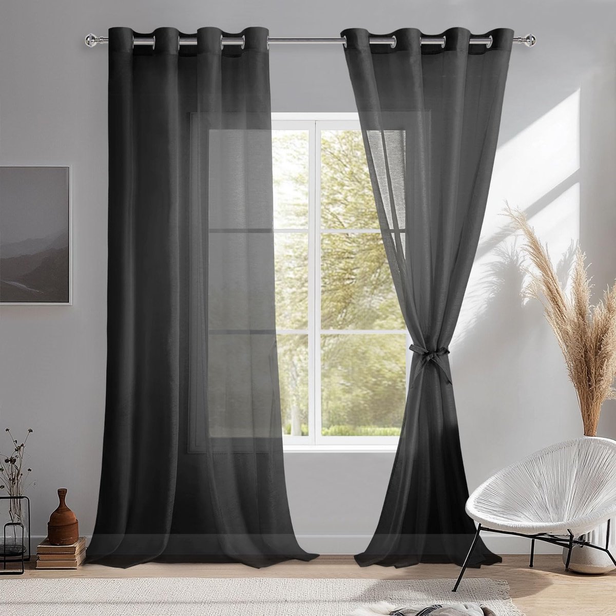 SnelShoppen - Voile-gordijnen met inslagringen, transparant polyester gordijnset van 2, zwart, 260 x 140 cm voor woonkamer, slaapkamer en interieurdec
