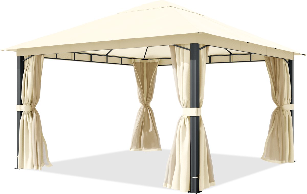 TOOLPORT Tuinpaviljoen 4x4 m, aluminium palen, dakdoek ca. 220 g/m², beige - met zijwanden en muggennetten