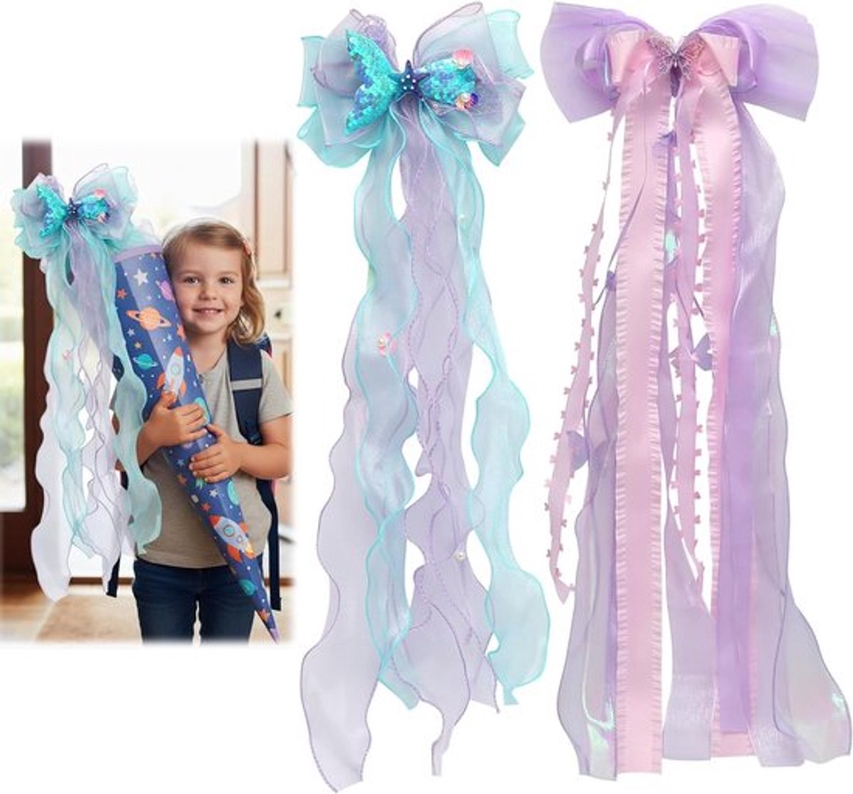 Grote Decoratieve Schooltassen met Zoete Hoorn Strikken, 20x60cm, Zeemeermin en Vlinder Thema voor Meisjes, Perfect voor Cadeauverpakking en Schoolgebruik