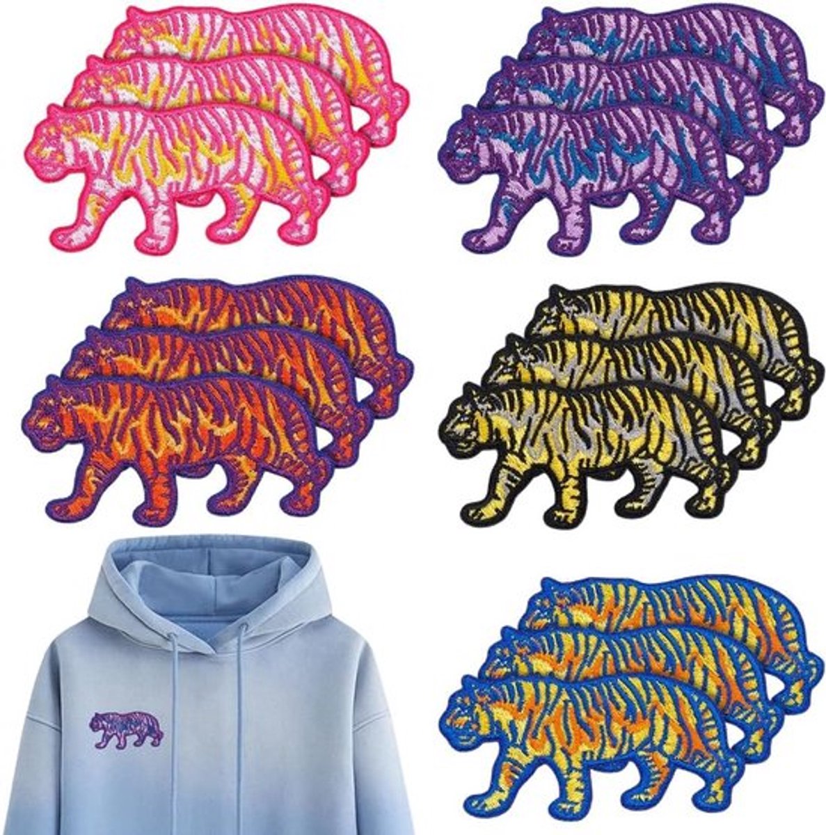 15 Stuks Geborduurde Tijgerpatches in 5 Kleuren voor Kledingdecoratie, Jassen en Rugzakken, 75 x 41 mm