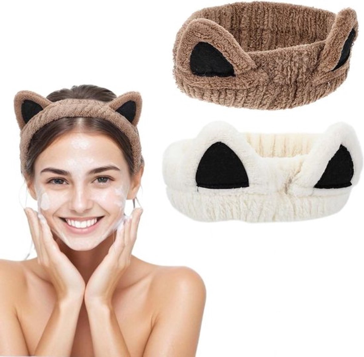 Set van 2 Schattige Kattenoren Haarbanden van Koraalfleece voor Make-up, Spa en Sport - Elastische Hoofdband voor Dames, Ideaal voor Douche en Huidverzorging