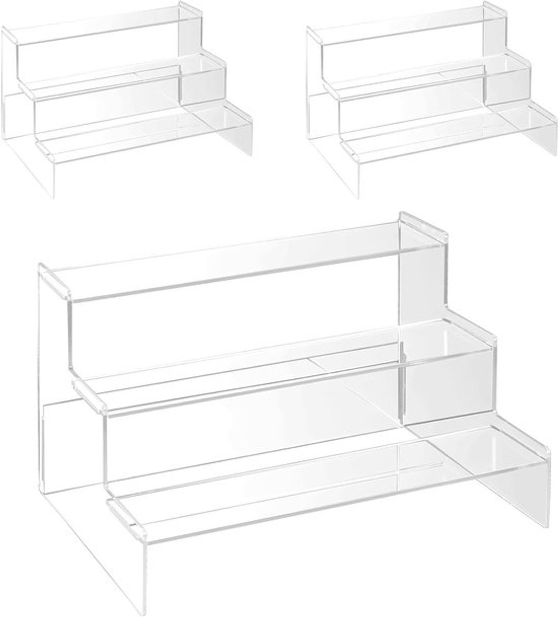 Doorzichtige acryl displaystandaard set van 3, gelaagde planken voor cupcakes, parfums en nagellak, 30,5 x 20,9 x 18 cm