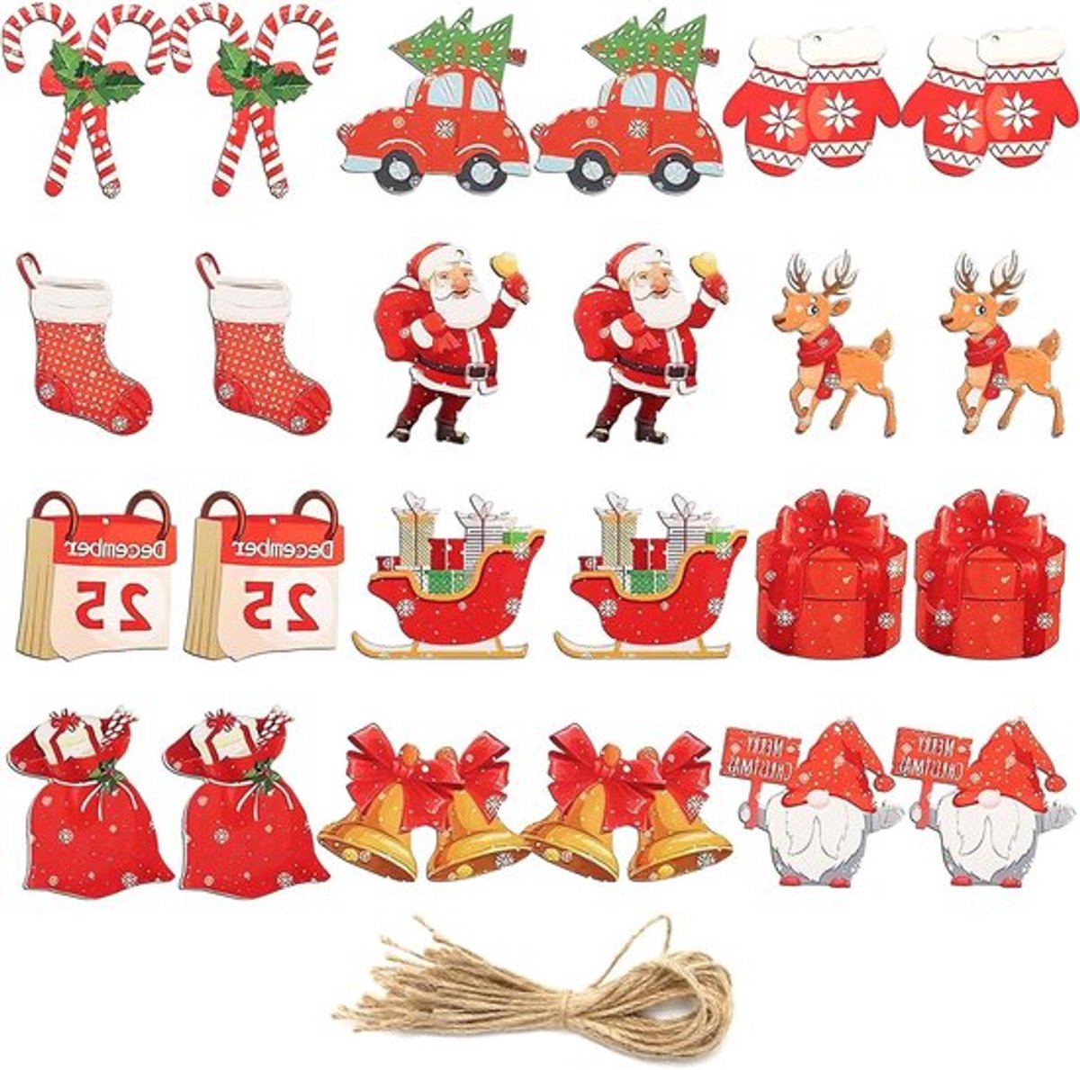24 Stuks Houten Kerst Ornamenten - Kerstboom Hangers met Rendier, Kerstman en Bel Thema voor Feestelijke Decoratie