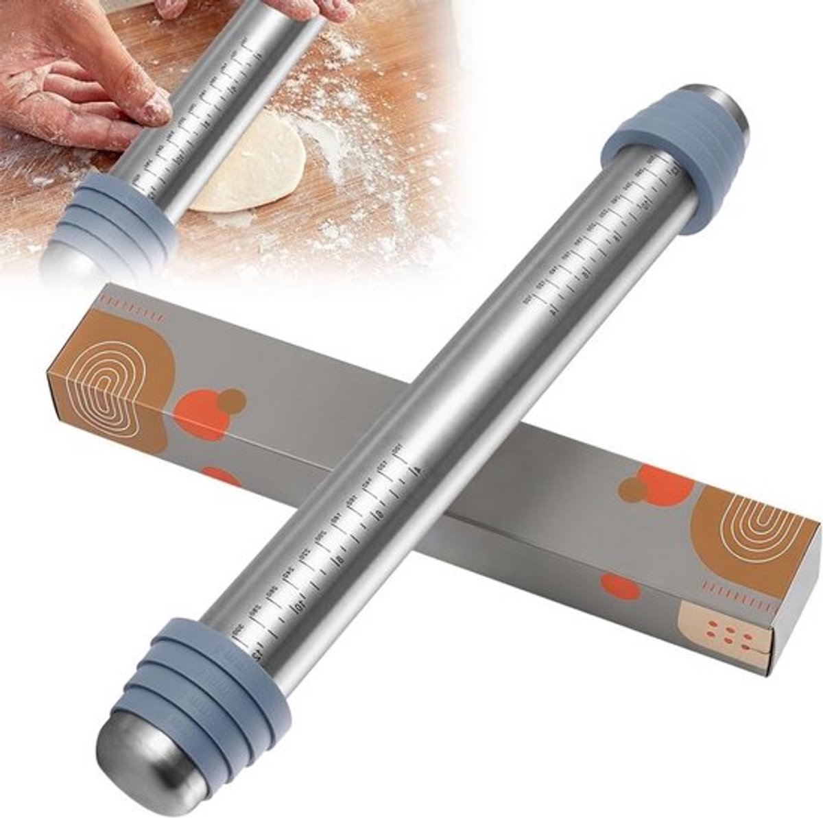 Dik verstelbare deegroller van roestvrij staal met verwisselbare ringen voor pizza, koekjes en gebak, 41.5 x 6.5 cm