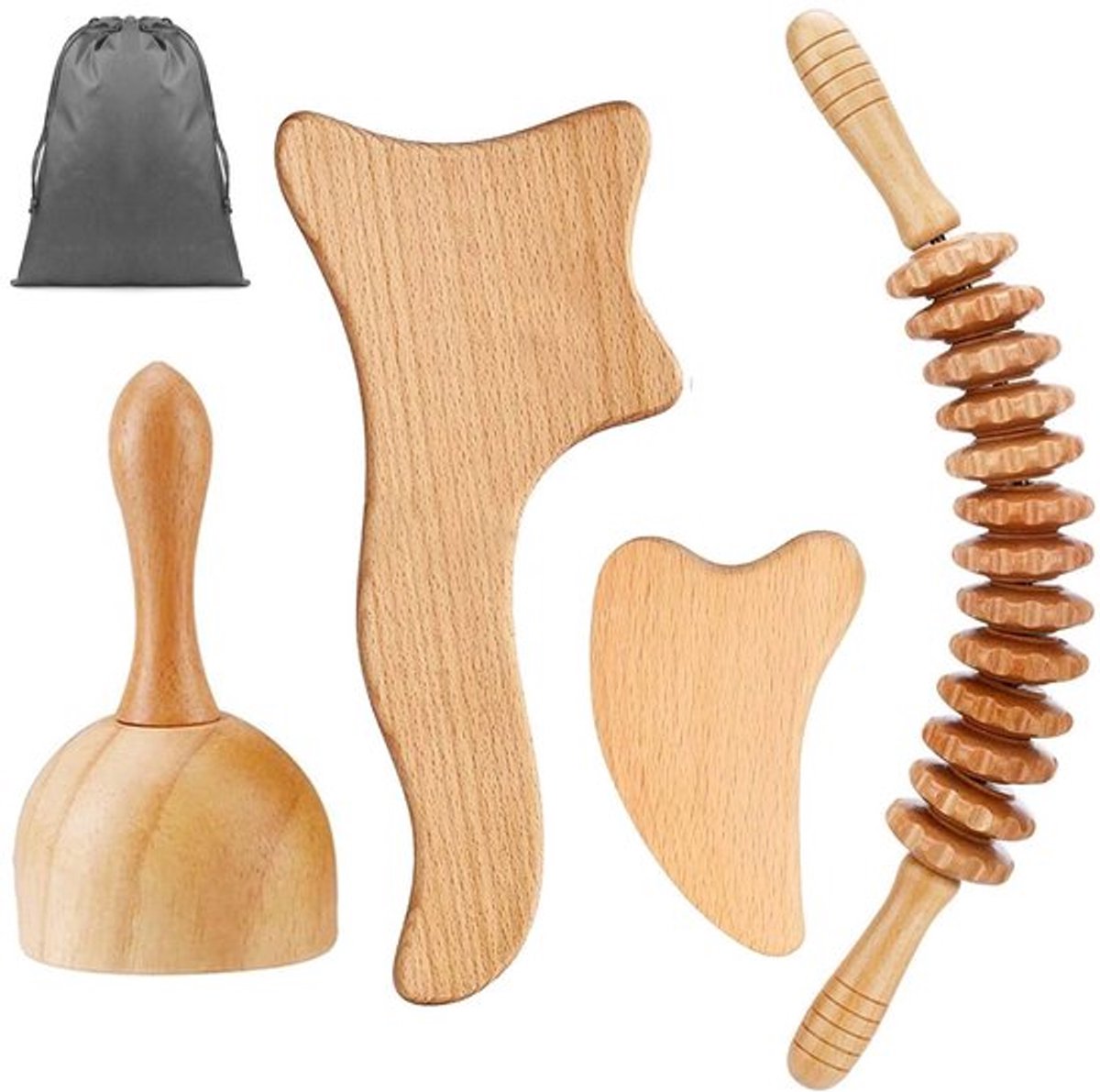 Gua Sha Set 4 Stuks - Houten Massageroller/Rugkrabber - Massageapparaat voor Nek/Benen/Ogen/Rug - Pijnverlichting/Ontspanning - Maderotherapie Hout