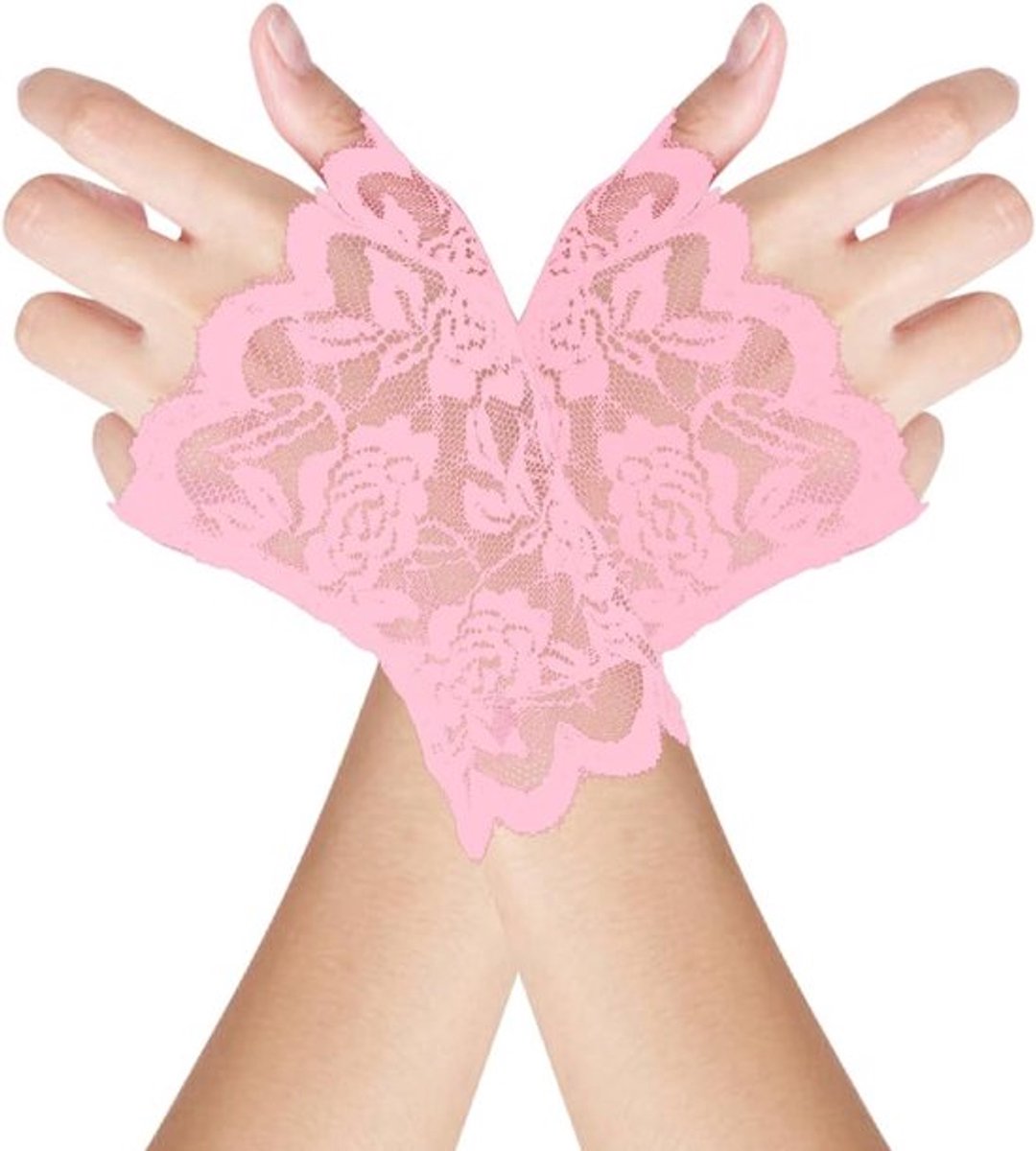 Vingerloze Kanten Handschoenen voor Dames, Bloem Motief voor Bruiloft, Feest of Verkleedaccessoires, Roze Kleur, Elegant en Stijlvol