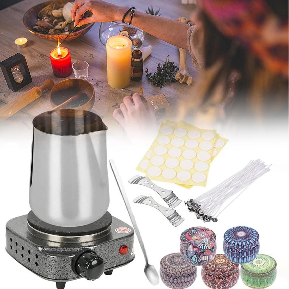 Kaarsen Smelt Set - Wax Smelter Kit - Kaarsen Maken - Instelbare Temperatuur - 350ml Beker - Zilver