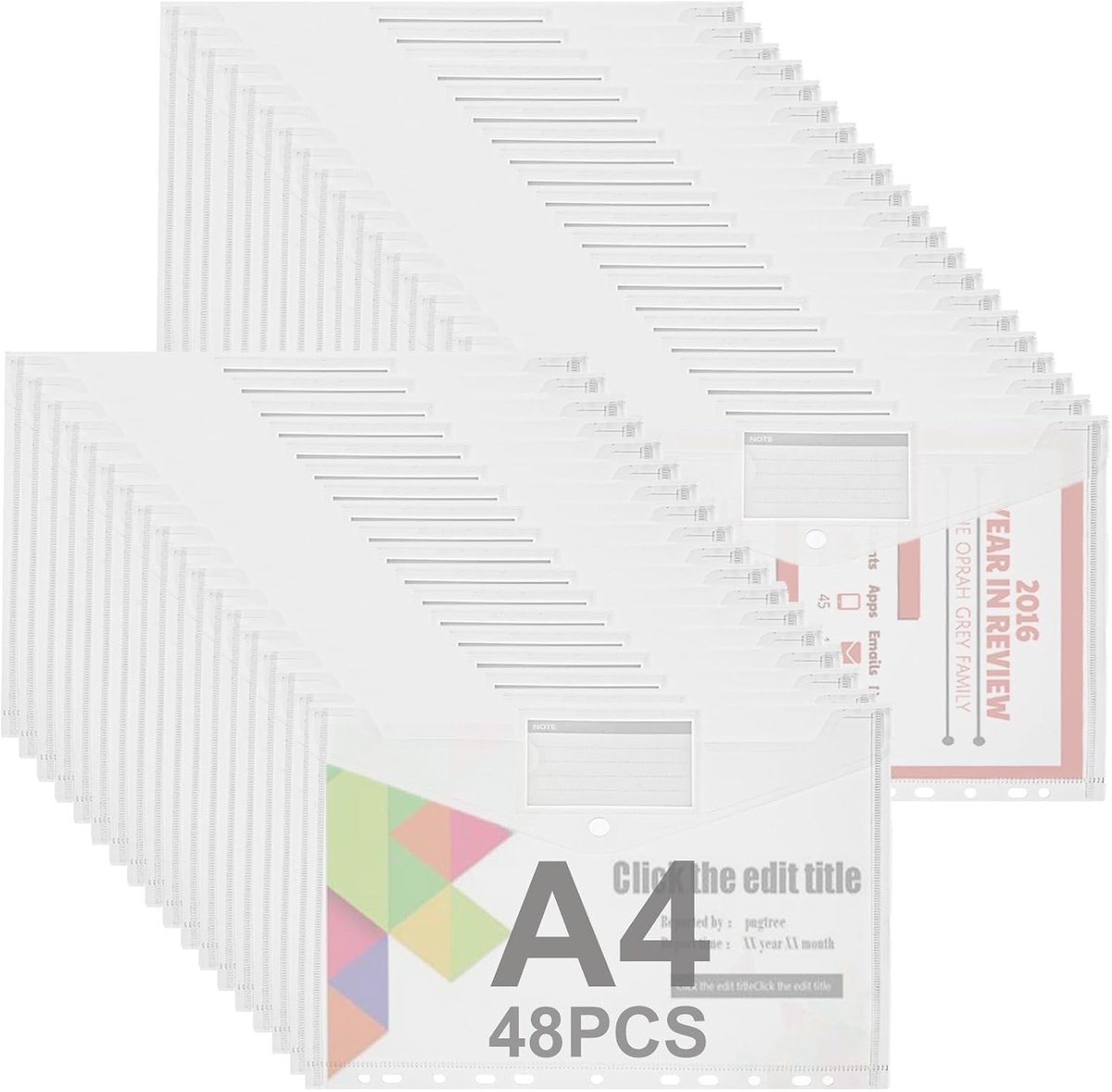 Set van 48 A4 documentmappen, transparante ordners met 11 gaten, handige verzamelmap voor documenten en organisatie