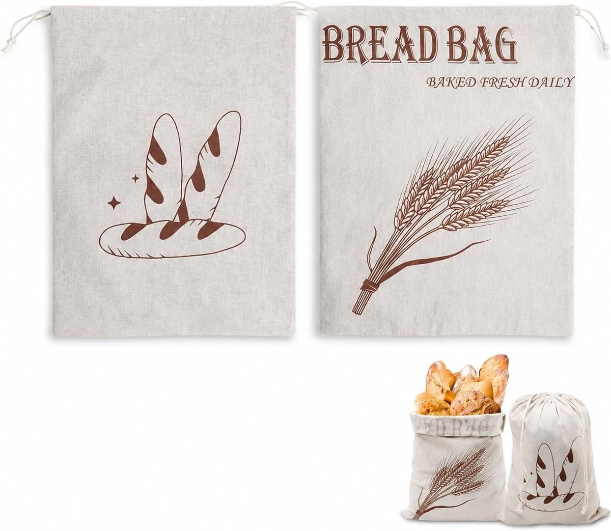 Linnen Broodzak - Natuurlijk - 40 x 30 cm - Herbruikbare Bewaarzak met Trekkoord - Voor Vers Brood en Bakkerijproducten