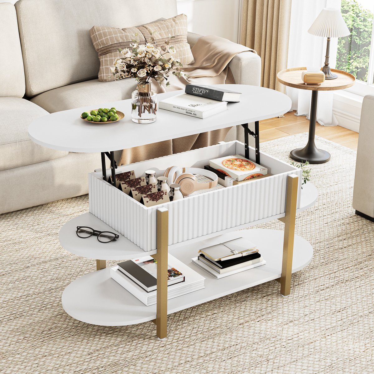Ovale Salontafel Wit met Opbergruimte – Salontafel met Verhoogbaar Tafelblad en Liftfunctie – MDF Koffietafel met Open Opbergvak