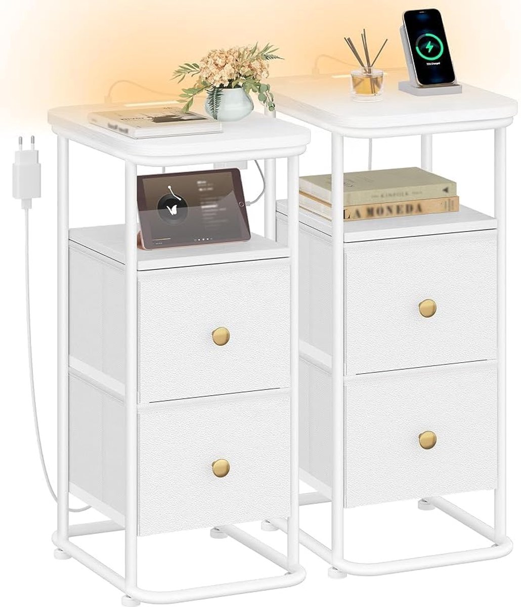 Hzuaneri Nachtkastje set van 2, Slank Bijzettafeltje met Ledverlichting, 1 USB-A-Poort, 1 USB-C-Poort, Nachtkastje met 2 Stoffen Lades, Modern, voor Slaapkamer, Woonkamer, Wit