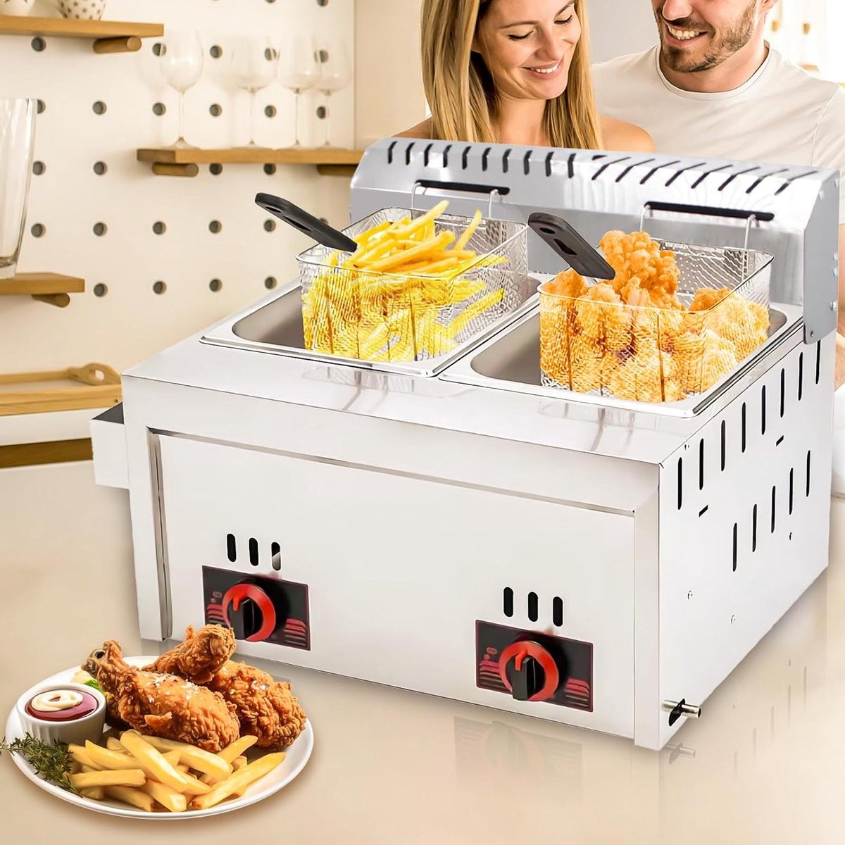 Dubbele Gas Frituurpan - Professionele Frituur - Snacks Bereiden - Onafhankelijke Temperatuurregeling - 20 Liter - Zilver