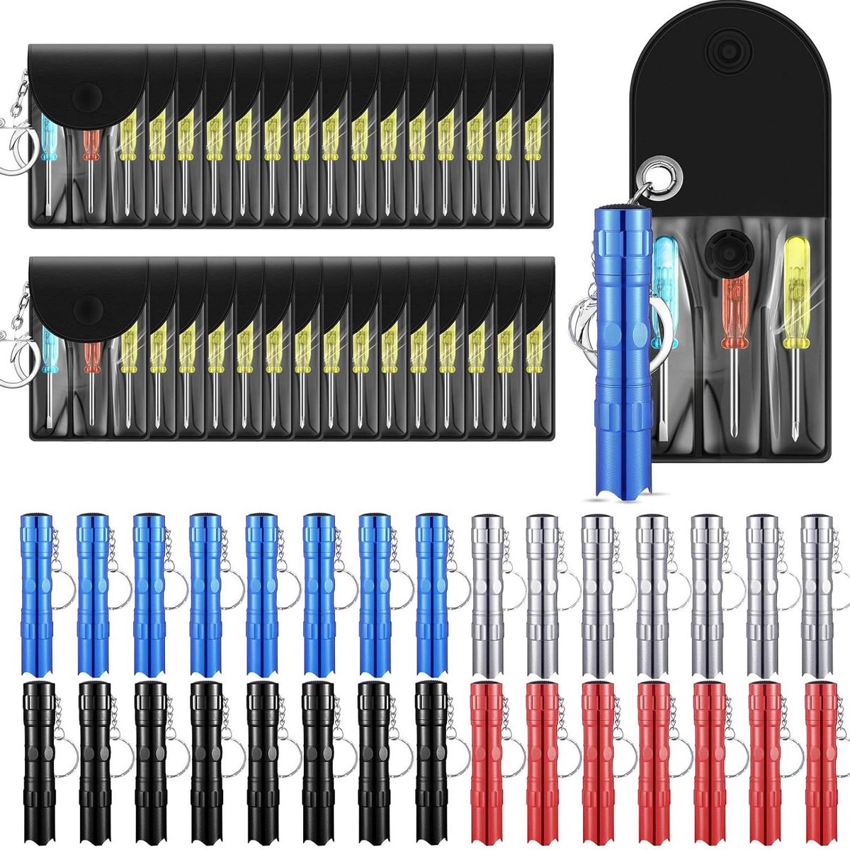 Mini Schroevendraaier Zaklamp Sleutelhanger - Gereedschap Sleutelhanger Set - Kleine Reparaties - Inclusief Opbergtasjes - 60 Stuks - Multicolor