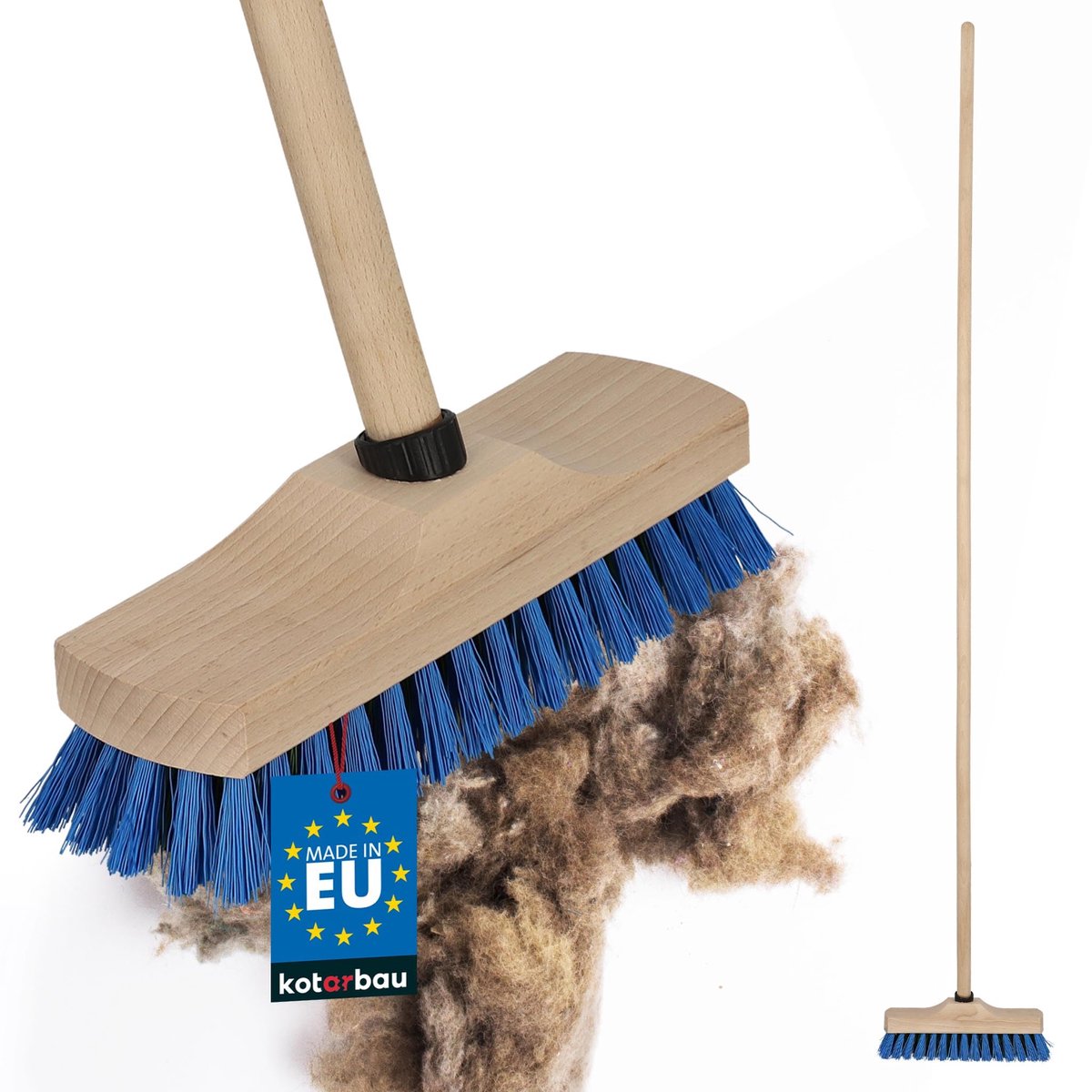 KOTARBAU® Harde Bezem - Vloerschrobber - Buitenbezem - Straatbezem - 23 cm - Veegbezem - met PET-borstelharen - met Houten Steel - Beukenhout - Blauw en Naturel