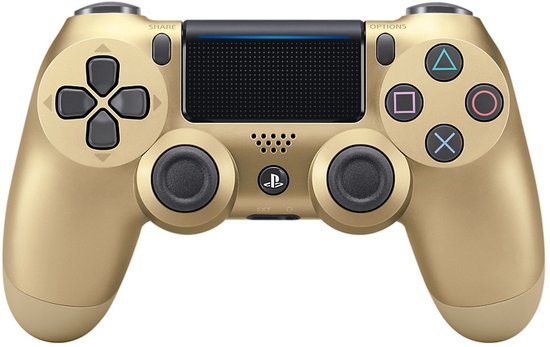Gouden DualShock 4 controller met zwarte knoppen en grijze joysticks.