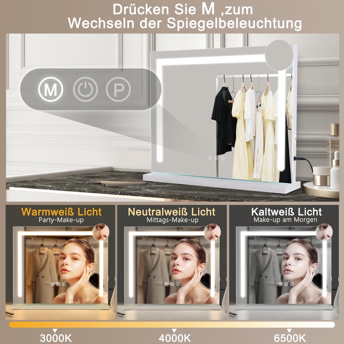 SnelShoppen - Hollywood Make-up Spiegel met Verlichting, 50 x 40 cm, Dimbare LED Spiegel met 3 Kleuren Lichtmodi, 5x Vergroting, USB Aansluiting voor