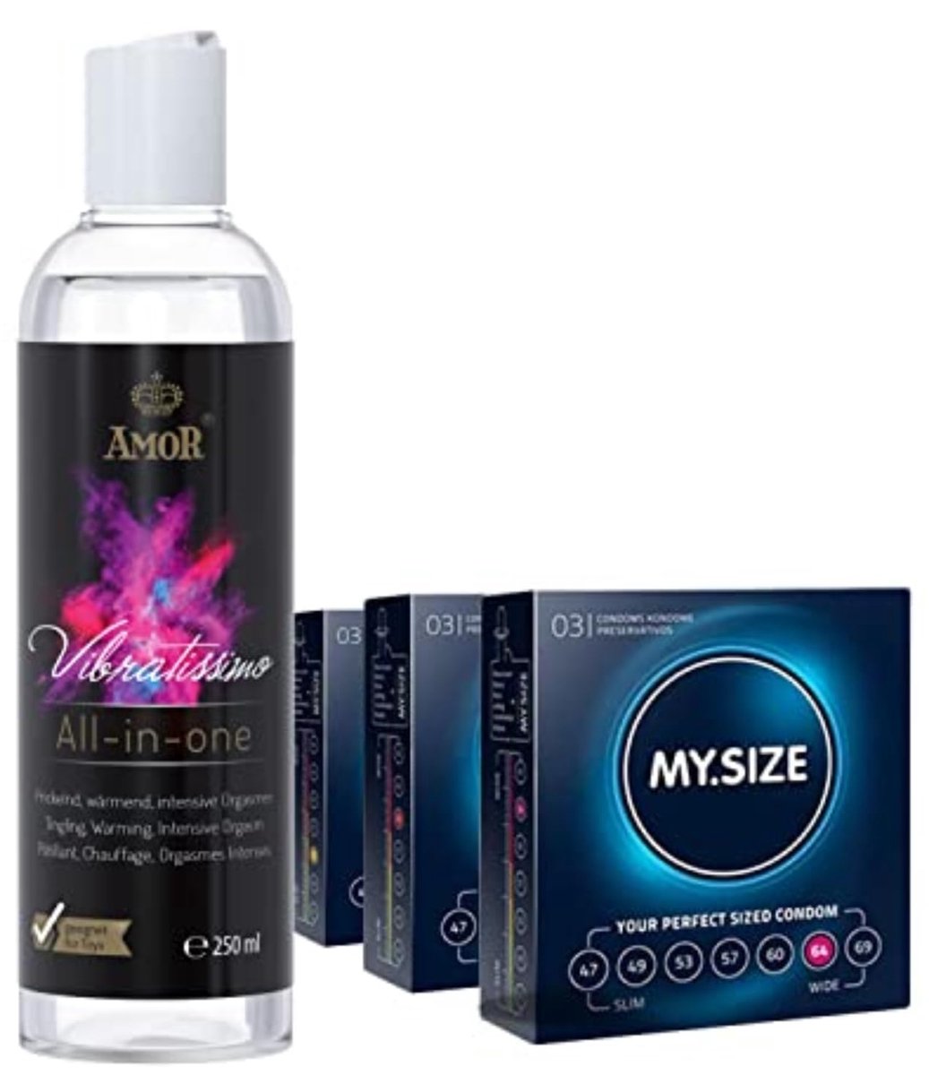 Vibratissimo Play Gel all-in-one 250 ml & MY.SIZE Condooms 3-pack I Glijmiddel verwarmend, tintelend & climax versterkend I Waterbasis glijmiddel & condooms 57, 60, 64 mm breedte