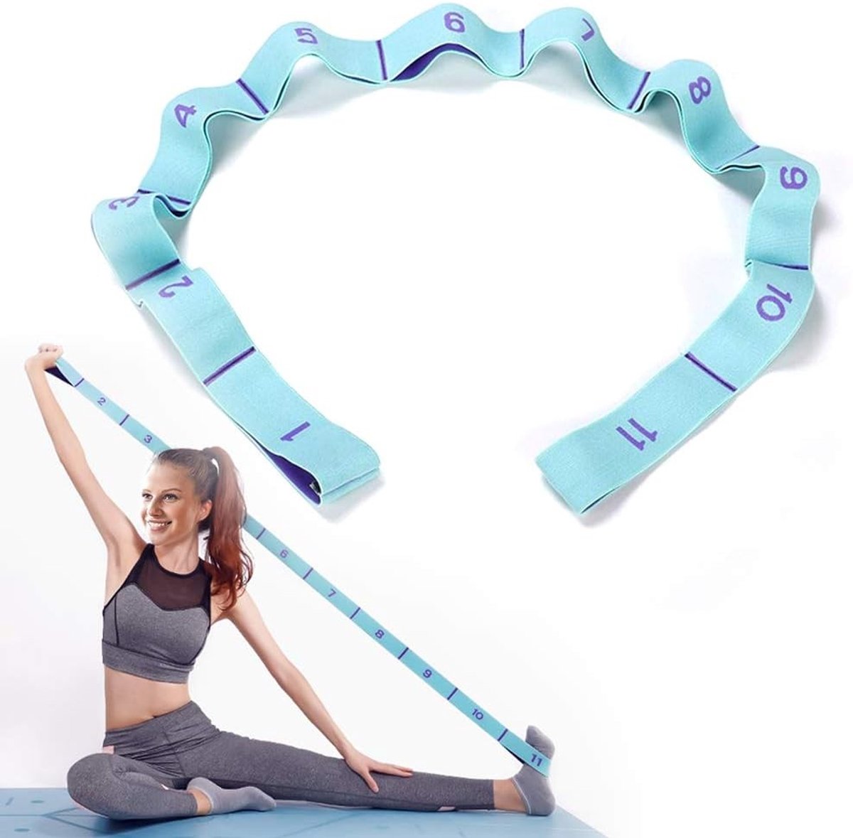 Verstelbare Yoga Oefenriem met 11 Ringen en Elastische Weerstandsband voor Training en Fitnessactiviteiten