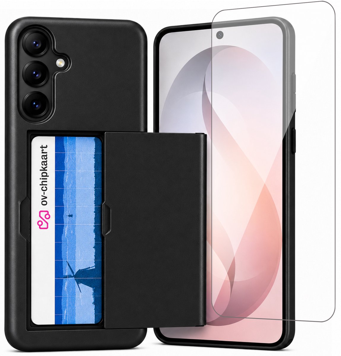 Hoesje met Pasjeshouder geschikt voor Samsung Galaxy S25 FE – Back Cover Slide Case – Zwart – Met Screenprotector Glas