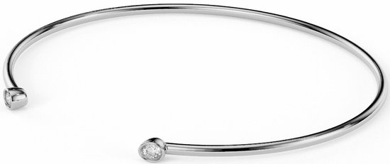 Zilveren, stijve, open armband met aan elk uiteinde een ronde steen.