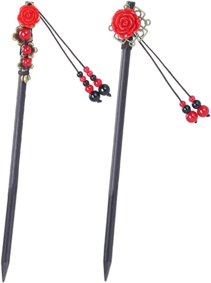 Handgemaakte Retro Haarclips voor Vrouwen met Bloemen en Kwastjes - Chinese Houten Haarstokken voor Lange Haarstijlen en Geisha Kostuums (Rood)