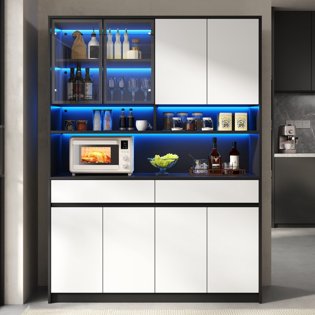 VVBV Buffetkast - 120 x 38 x 160 cm, Zwart-Wit, met 2 Lades en 4 Deuren, LED-Verlichting, App-bediening, Glazen Vakken